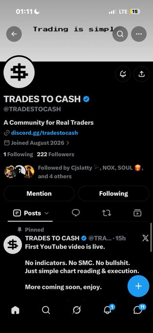 A mobile screenshot of the X (Twitter) app showing the 'TRADES TO CASH' (@tradestocash) profile, which describes itself as 'A Community for Real Traders' and posts about its first YouTube video on simple chart reading.