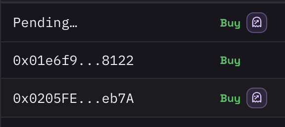 A dark-themed digital interface displays a list with entries 'Pending...', '0x01e6f9...8122', and '0x0205FE...eb7A', each with a green 'Buy' button.