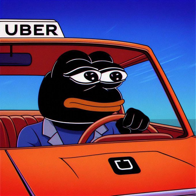 A Pepe-style cartoon frog wearing a suit drives an orange Uber taxi, with the Uber logo displayed on the roof and a U icon on the hood. The image ties into the post's bullish $BLACKPEPE meme coin promotion on the Solana network, using the taxi metaphor to symbolize "driving" toward opportunity.