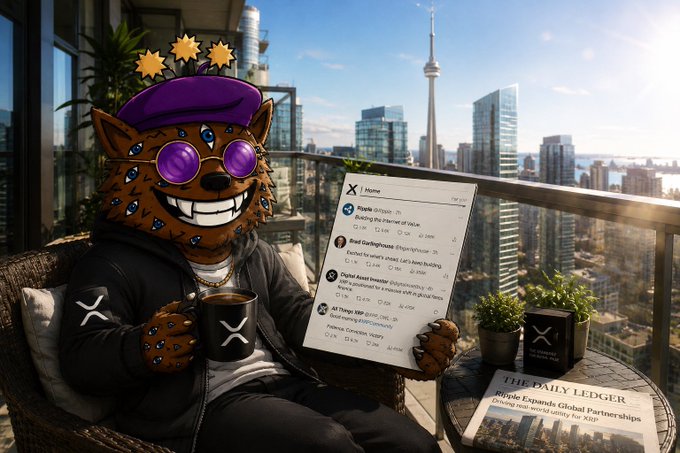 The image features a cartoon character wearing sunglasses and holding a cup of coffee while sitting on a chair outside. The character appears to be smiling and is surrounded by various objects such as potted plants, books, and a newspaper. In the background, there are buildings that suggest an urban setting. The main focus of the image is the cartoon character's presence in this scene, which seems to be related to a social media post or message about a specific event or occasion.
