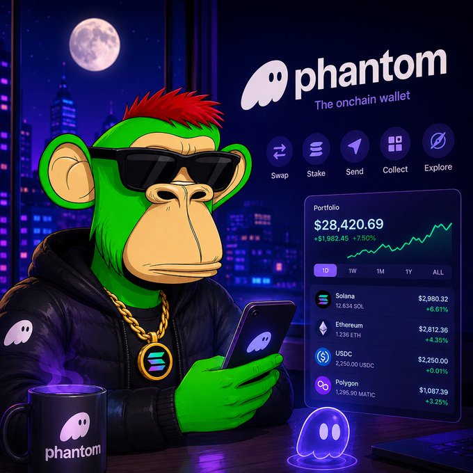 A green monkey mascot with red mohawk and sunglasses checks a Phantom wallet portfolio showing $28,420.69 (+7.50%) on their phone, holding a coffee mug with the Phantom logo, while a glowing ghost figure sits nearby—visually reinforcing the post's message about Phantom evolving from a basic Solana wallet into a comprehensive onchain superapp offering prediction markets, swaps, perpetuals, and NFTs.