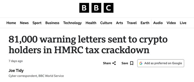 A BBC news headline reads "81,000 warning letters sent to crypto holders in HMRC tax crackdown," reported by Joe Tid, Cyber correspondent, BBC World Service, 7 days ago—correlating with the post about HMRC's first crypto tax figures revealing how many people reported gains and total crypto values sold.