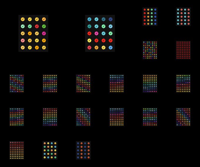 Multiple rectangular grids display colored dots arranged in patterns, some with checkmarks and others forming larger mosaic-like designs.