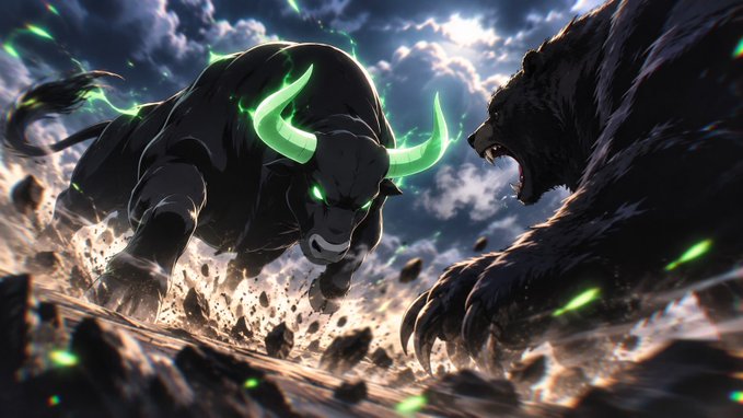 This dramatic artwork depicts a fierce confrontation between a bull and a bear, symbolizing market forces and perfectly illustrating the sentiment that "$ANSEM" pressure reveals true strength.