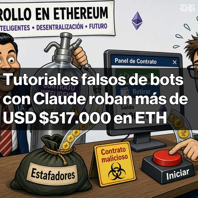 Cartoon illustration depicting an Ethereum scam with the Spanish headline 'Tutoriales falsos de bots con Claude roban más de USD $517.000 en ETH'.