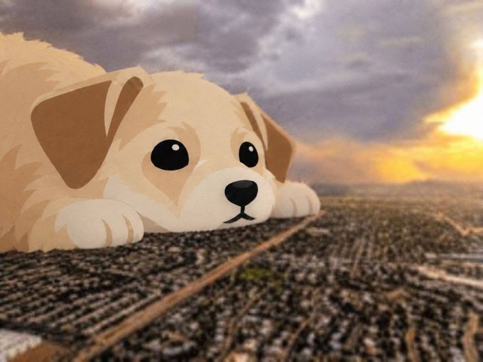 A cartoon illustration of a golden Shiba Inu puppy, made famous as the "doge" meme, is composited onto an aerial photograph of a sprawling city skyline at sunset. The image relates to the post by appearing to depict the doge meme looking over California, likely made as a tribute for Maye Musk (@mayemusk), Elon's mother, who often shares California and meme content.