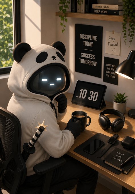 An illustration of a figure wearing a panda hoodie with glowing digital eyes sitting at a workspace desk, surrounded by motivational posters reading "DISCIPLINE TODAY SUCCESS TOMORROW" and "Stay Focused," along with books titled "Atomic Habits" and "DEEP WORK," and a digital clock displaying 10:30.