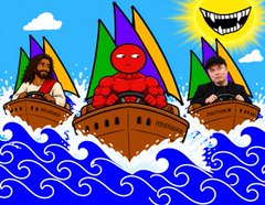 A stylized cartoon illustration depicting three people sailing in a wooden boat through large blue waves under a sun with a toothy grin, with the figures appearing to represent notable personalities in colorful outfits.