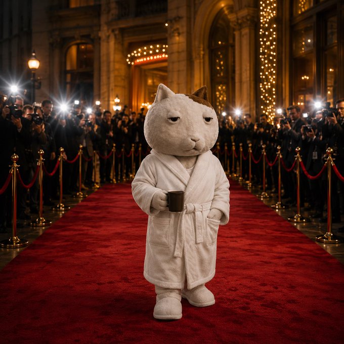 A plush cat mascot wearing a white bathrobe stands on a red carpet, surrounded by paparazzi with camera flashes, holding a coffee mug. The image humorously likens $KET's rise on Solana to a celebrity red-carpet debut as the "super star" of the ecosystem.