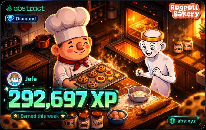 The image features a cartoon chef cooking cookies, with two other characters present as well. The chef is wearing a white hat and apron while preparing food in an oven. There are several cookie doughs visible on the countertop, indicating that they have been baking for some time. The post includes text about XP, which suggests it might be related to a gaming or cooking-themed event.