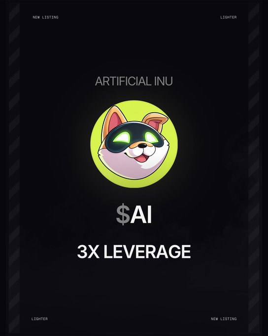 Promotional graphic for the new "Artificial INU" ($AI) perpetual listing, featuring a cartoon Shiba Inu mascot wearing green night vision goggles on a black background, with text highlighting "NEW LISTING" on Lighter and "3X LEVERAGE" available.