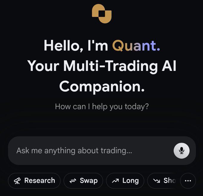 A welcome screen for 'Quant', a multi-trading AI companion, featuring a search bar with the prompt 'Ask me anything about trading...' and action buttons labeled Research, Swap, Long, and Short.