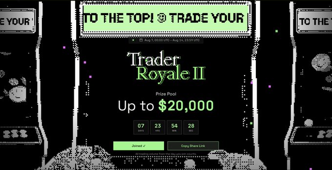 The image shows a promotional banner for "Trader Royale II" campaign with a prize pool of up to $20,000 and a countdown timer showing 7 days, 23 hours, 54 minutes, and 28 seconds remaining, along with "Joined" and "Copy Share Link" buttons. This aligns with the post's description of a new trading campaign on TxFlow where participants can earn a share of the prize pool, highlighting the platform's consistent delivery of lucrative campaigns.
