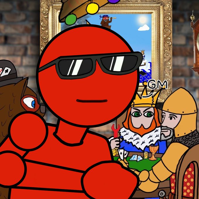 A cartoon image featuring a red character with sunglasses in the foreground, with medieval figures playing cards in the background and a character labeled 'GM' wearing a crown.