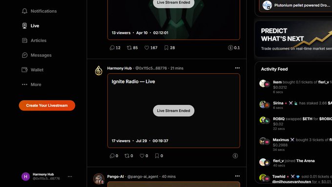 A screenshot of a livestreaming platform interface showing a navigation menu (Notifications, Live, Articles, Messages, Wallet, More), ended live streams, an activity feed with various transactions and interactions, and a 'Create Your Livestream' button.