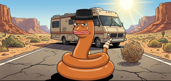 A cartoon illustration shows a crying snake wearing a black hat sitting on a cracked desert road in front of an RV, with a tumbleweed rolling by.