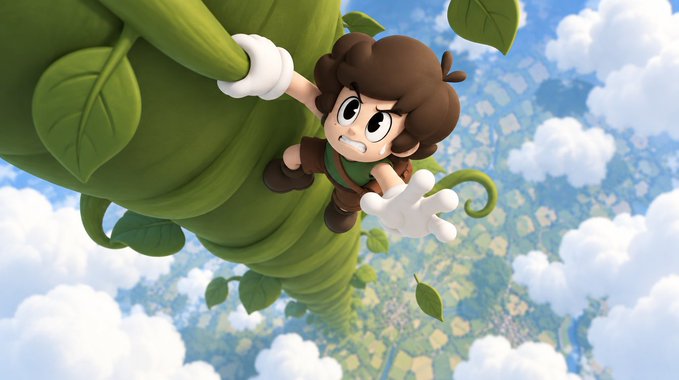 A 3D rendered illustration depicts a cartoonish character with brown hair and large eyes hanging onto a giant green beanstalk high above a landscape of clouds and patchwork fields.