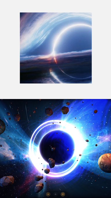 A side-by-side comparison contrasting a serene, photorealistic view of a black hole over water with a stylized, AI-generated cosmic scene featuring a glowing black hole surrounded by asteroids and vibrant space debris, illustrating the gap between real astrophysical imagery and digitally created interpretations.