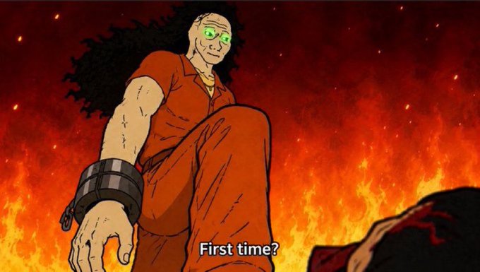 An animated scene shows a man in an orange jumpsuit with green glowing eyes standing against a fiery red background, with the subtitle "First time?" at the bottom.
