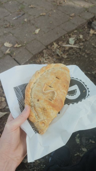 A hand holding a golden-brown baked pastry, possibly an empanada or hand pie, wrapped in white paper with a black logo, with a brick pathway and fallen leaves in the background.