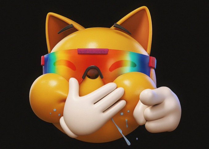 A 3D rendering of a yellow cat-like character wearing rainbow shutter shades, covering its mouth with a cartoonish white-gloved hand.