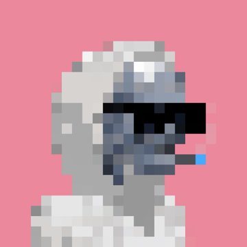 A low-resolution pixel art character with white hair and sunglasses smoking a cigarette, set against a solid pink background.