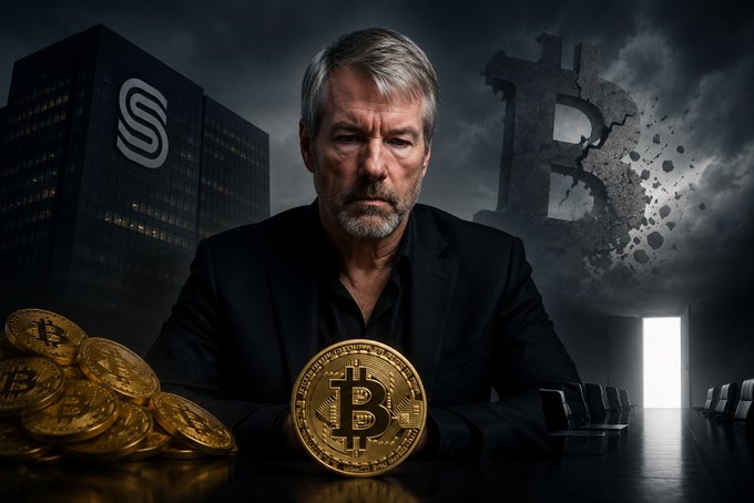 A dramatic image of a serious-looking man in a dark suit sitting at a table with Bitcoin coins, with the Strategy (formerly MicroStrategy) logo visible on a building in the background.