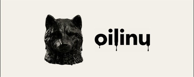 A black glossy panther or large cat head sculpture sits beside the ticker text "oilinu," which appears in bold lowercase letters with a dripping effect, visually aligning with the post's highlight of "$OILINU" as an early Robinhood Chain meme coin with a clean, distinctive branding.