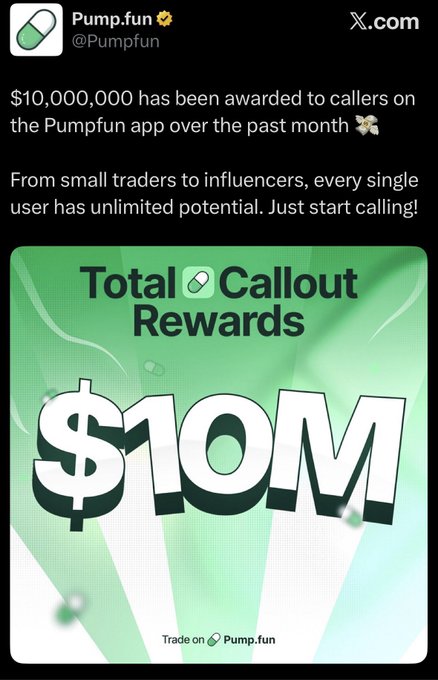 A social media post from Pump.fun (@Pumpfun) announcing '$10,000,000 has been awarded to callers on the Pumpfun app over the past month' with a graphic reading 'Total Callout Rewards $10M'.
