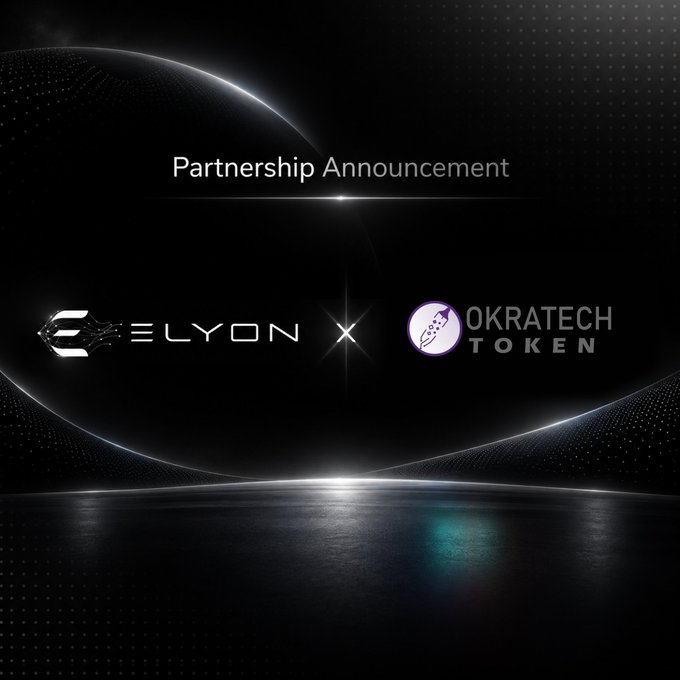 A dark, stylized 'Partnership Announcement' graphic featuring the logos of 'ELYON' and 'OKRATECH TOKEN' joined by an 'X' symbol on a sleek, wave-patterned background.