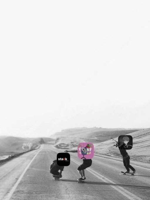 A black and white photo of three people skateboarding on a road, whose faces have been obscured by stickers including a 'stack market' logo, a pink square, and a portrait image.