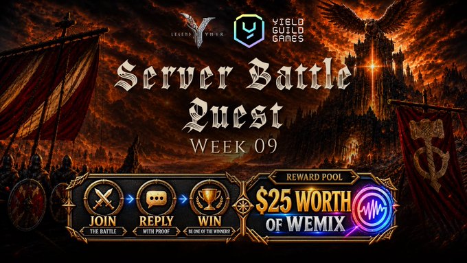 A promotional banner for a 'Server Battle Quest WEEK 09' from YIELD GUILD GAMES and LEGEND OF YILK displays a reward pool of $25 worth of WEMIX, featuring medieval-style imagery of banners and a castle.