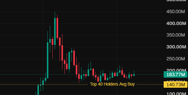 A candlestick chart shows the price action of $ANSEM, with the "Top 40 Holders Avg Buy" marked at 140.73M, while the current price is 183.77M. This visually represents the data mentioned in the post regarding the average buy price of top holders compared to the current trading price.