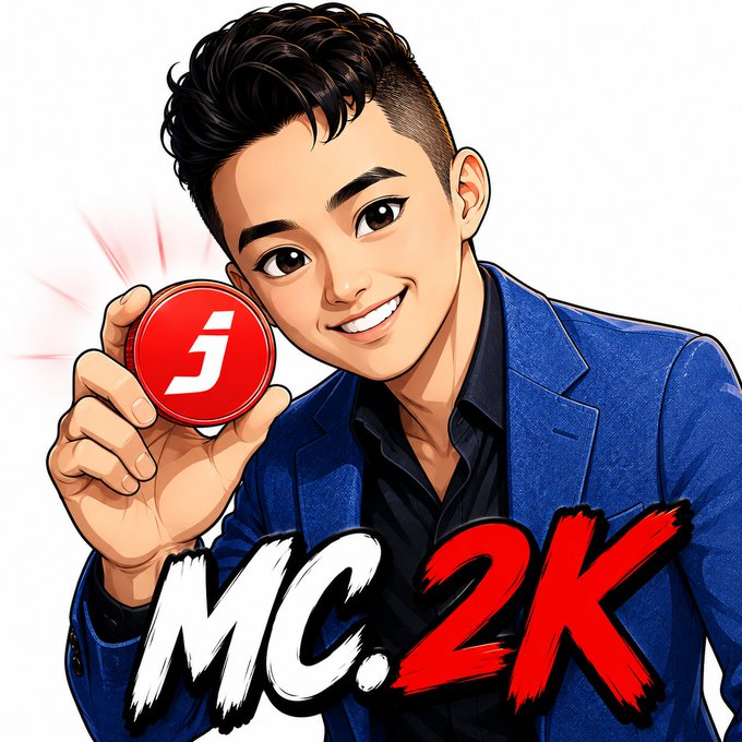 A digital illustration of a young man in a blue blazer holding up a red circular badge with a stylized "S" logo, with the text "MC.2K" displayed prominently.