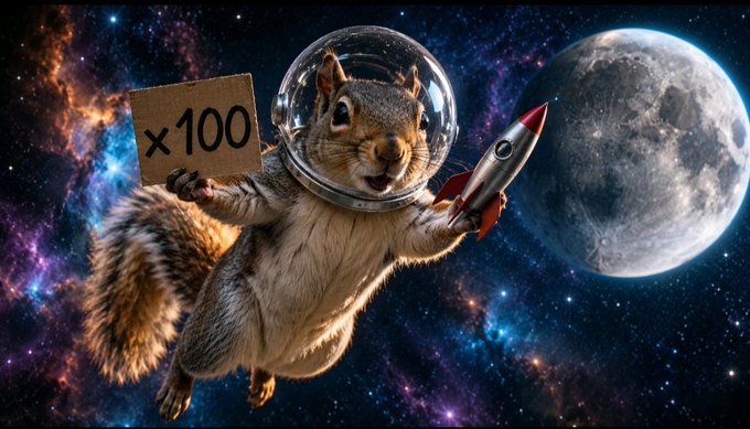 A squirrel in an astronaut helmet floating in space holding a '×100' cardboard sign and a small rocket, with a large moon and colorful nebula in the background.