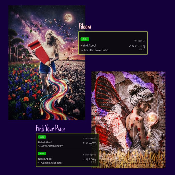 Two digital artworks by 'Nahid Abedi' are displayed alongside their sale notifications on a platform, titled 'Bloom' and 'Find Your Peace'.
