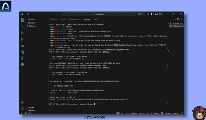 A developer shows a terminal executing a USDC payment demo using `arc payment-demo start -- --to`, with a transaction ID 057bfe09-2013-5546-98b4-604889153013 successfully initiated, illustrating their early steps building on Arc.