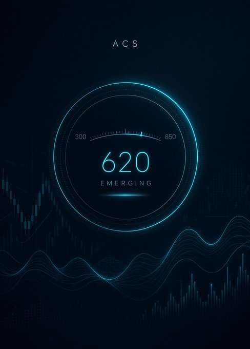 A dark futuristic financial dashboard displaying 'ACS' with a glowing circular gauge showing a score of '620 EMERGING' on a scale of 300-850, set against a background of candlestick charts and wave patterns.