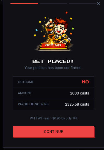 A mobile app screenshot showing a 'BET PLACED!' confirmation for a 'BET NO' wager of 2000 casts on whether 'TWT reach $0.90 by July 14?', with a potential payout of 2325.58 casts.