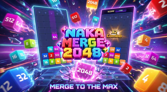 The image features a poster for a video game called "NAKA MEGRE 2048" with colorful blocks surrounding the title, and the text "merge to the max". The background of the poster shows a futuristic cityscape filled with neon lights and explosions.