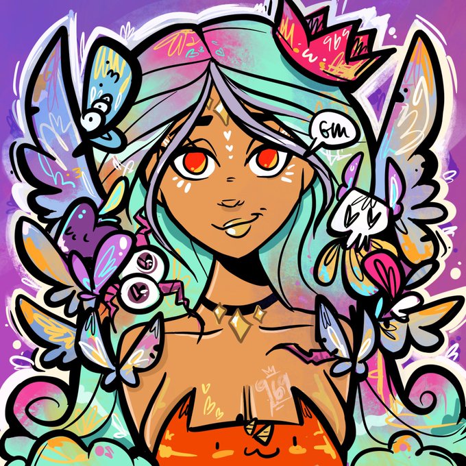 A colorful digital illustration features a turquoise-haired anime character with red eyes, a pink crown, and butterfly companions, with a speech bubble saying 'GM' (good morning) against a purple background.