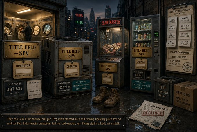 The image shows a gritty, cyberpunk-style alley featuring several arcade and vending machines labeled "CLAW MASTER," "TITLE HELD - SPV," and "PLAY CLAW FLEET UNIT 01," alongside displays showing various dates (2023-2025), position sizes like "1,250+ POSITIONS" and "487,532," and a "DECLINED" bank loan application, with a caption reading "They don't ask if the borrower will pay. They ask if the machine is still running." 

The image serves as a metaphor for the post's argument that RWA projects often overpromise by tokenizing traditional assets like real estate or credit, where returns ultimately depend on money markets or borrower repayment—instead, DualMintRWA focuses on whether the underlying operational machine (like a claw machine business) is still generating profit, bypassing the unreliable borrower-repayment question highlighted by the "DECLINED" loan notice.