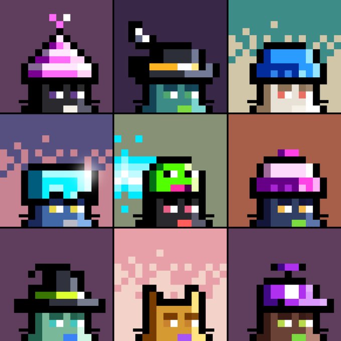 A pixel art grid showcasing nine distinct witch and wizard character portraits with colorful, blocky hats and robes. The image ties into the post's theme by reviving the nostalgic NFT aesthetic of 2021 through its retro pixelated style, fitting the "Drop EVM" reference to early NFT drops on the Ethereum Virtual Machine.