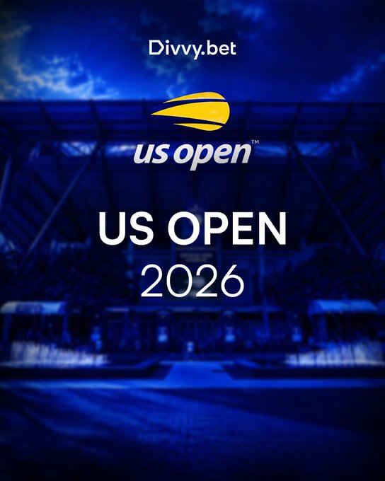 A promotional graphic for the US Open 2026 tennis tournament featuring the event's yellow logo and 'Divvy.bet' branding against a blue-toned stadium background.