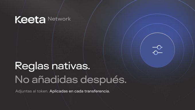 Keeta Network advertisement with a dark blue world map background, displaying the text 'Reglas nativas. No añadidas después.' (Native rules. None added later.) with a settings icon.