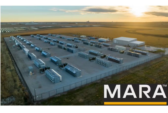 An aerial view shows MARA's expansive Bitcoin mining/data center facility at sunset, featuring rows of cooling units and industrial equipment, which visually represents the company's mining infrastructure amid its significant Bitcoin sales of ~23,000 BTC worth $1.6 billion at ~$70,600 per coin in the first half of the year.