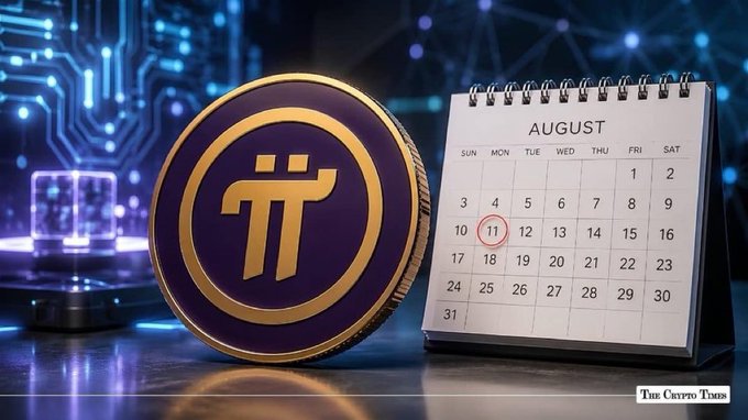A Pi cryptocurrency coin sits next to a calendar showing the month of August with the 11th circled in red, against a blue digital circuit background, with 'The Crypto Times' logo in the corner.