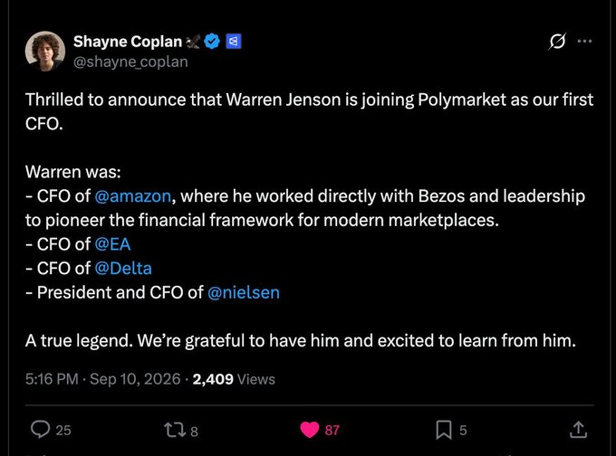 The image shows a tweet from Shayne Coplan (@shayne_coplan) announcing Warren Jenson as Polymarket's first CFO, highlighting his prior CFO roles at Amazon, EA, Delta, and Nielsen. The accompanying post references this hire skeptically, suggesting it's a "red flag" for a $POLY airdrop and implying the TradFi executive signals an IPO rather than token distribution.