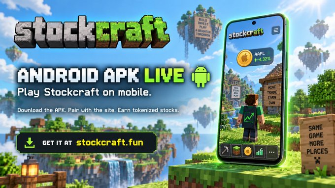 A promotional advertisement for 'StockCraft' announcing 'ANDROID APK LIVE' with the tagline 'Play Stockcraft on mobile', featuring a Minecraft-style floating island background and a smartphone displaying the Stockcraft app with AAPL showing +4.32%.