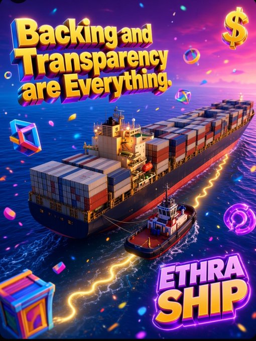 A vibrant promotional graphic reading 'Backing and Transparency are Everything. ETHRA SHIP' featuring a cargo ship being pulled by a tugboat through a stylized ocean with floating crypto symbols.